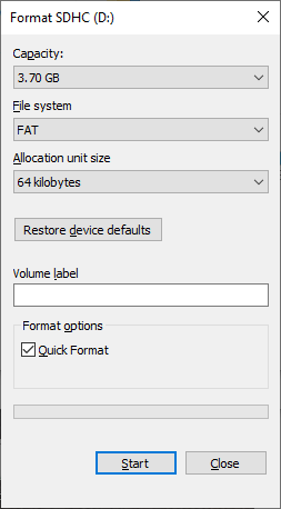 Select FAT or FAT16 from the drop-down list and click start